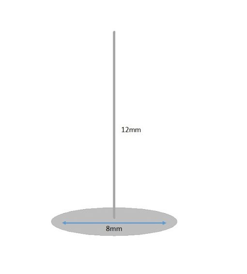 Image of dimensions of Surgical Steel Ear Studs, 8mm Flat Pad, 12mm Post