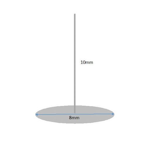 Image of dimensions of Surgical Steel Ear Studs, 8mm Flat Pad, 10mm Post, 14k GOLD PLATE